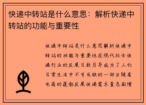 快递中转站是什么意思：解析快递中转站的功能与重要性